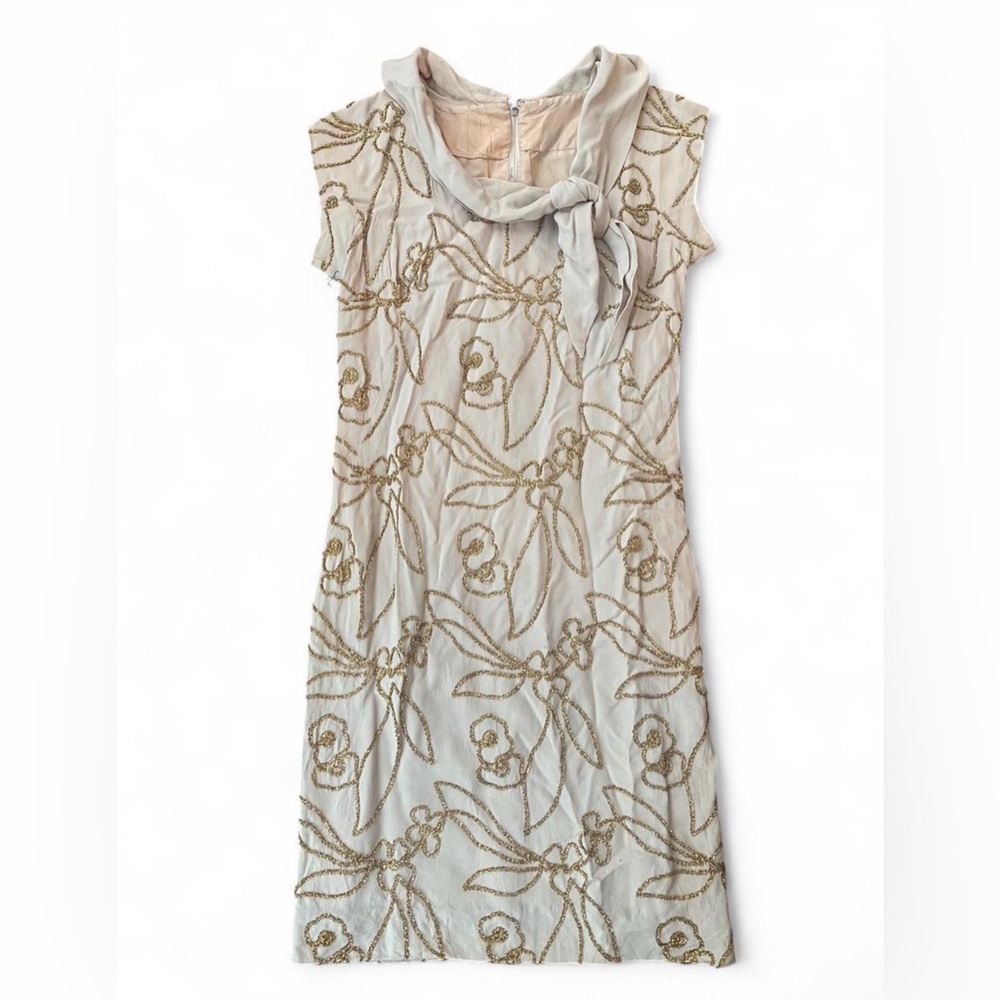 Vintage Cream Wiggle Dress With Gold Details and a Cowl Neckline